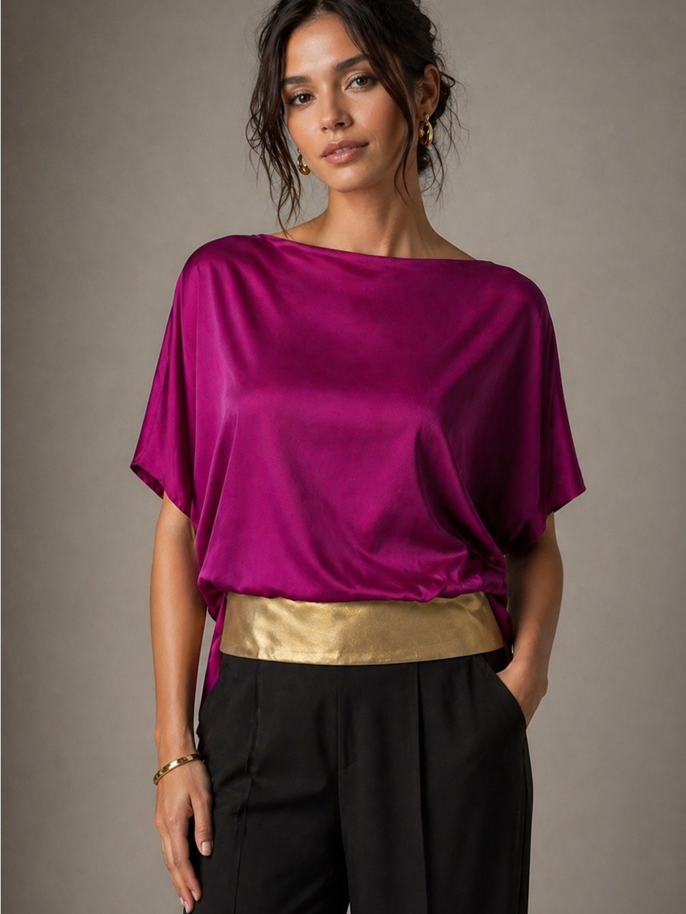 DVF Diane Von Furstenburg Fuschia Silk Chiffon & Gold Leather Goya‎ Blouse Sz P